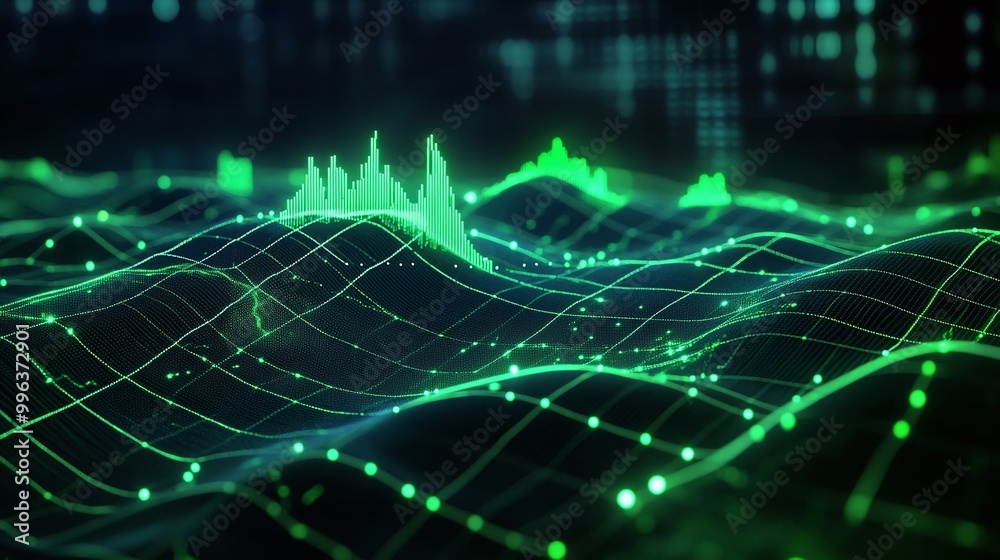 Poster abstract digital wave patterns with green light and data visualization elements on a dark background