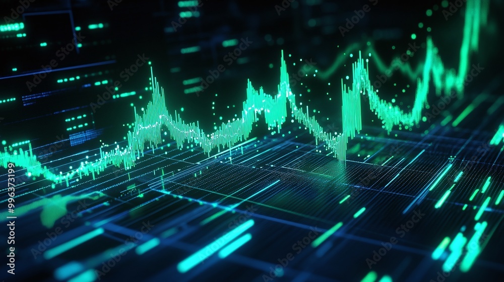 Poster abstract digital wave representing data analysis and visualization in green tones on a dark backgrou