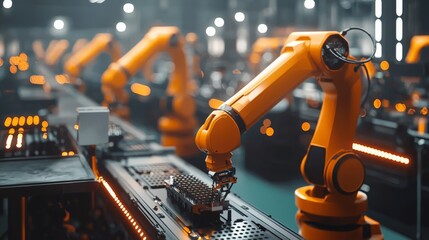 A modern factory setup where robotic arms are performing assembly tasks, highlighting the role of automation in increasing production efficiency and consistency