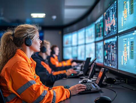 A logistics team coordinating the shipment of goods in a control room, with digital screens displaying real-time data on inventory and transportation routes