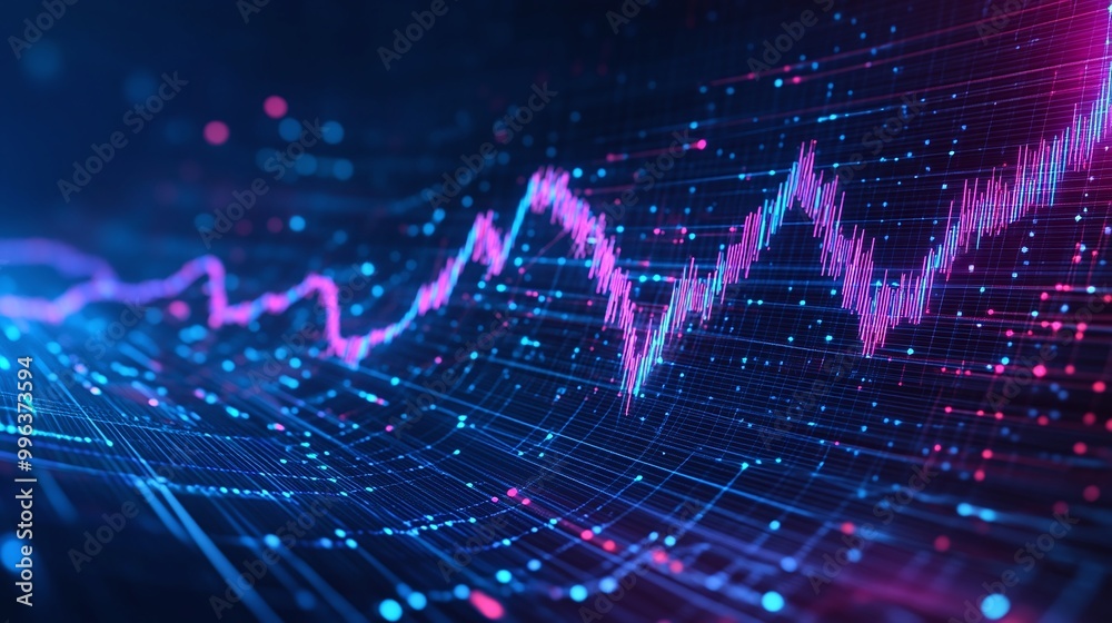 Poster abstract digital wave with glowing dots and lines representing data flow in vibrant colors.
