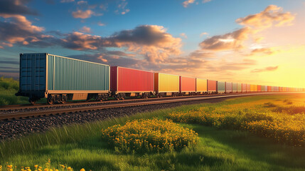 Na torach widać pociąg towarowy, który składa się z szeregów kontenerów, skrzętnie poukładanych na platformach.