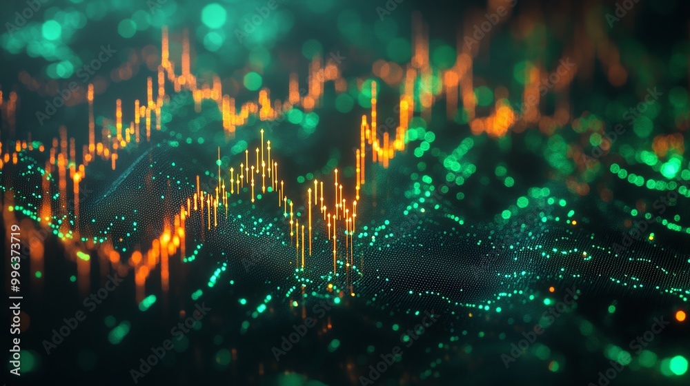 Poster abstract digital wave with glowing lines and particles in green and orange tones, creating a vibrant