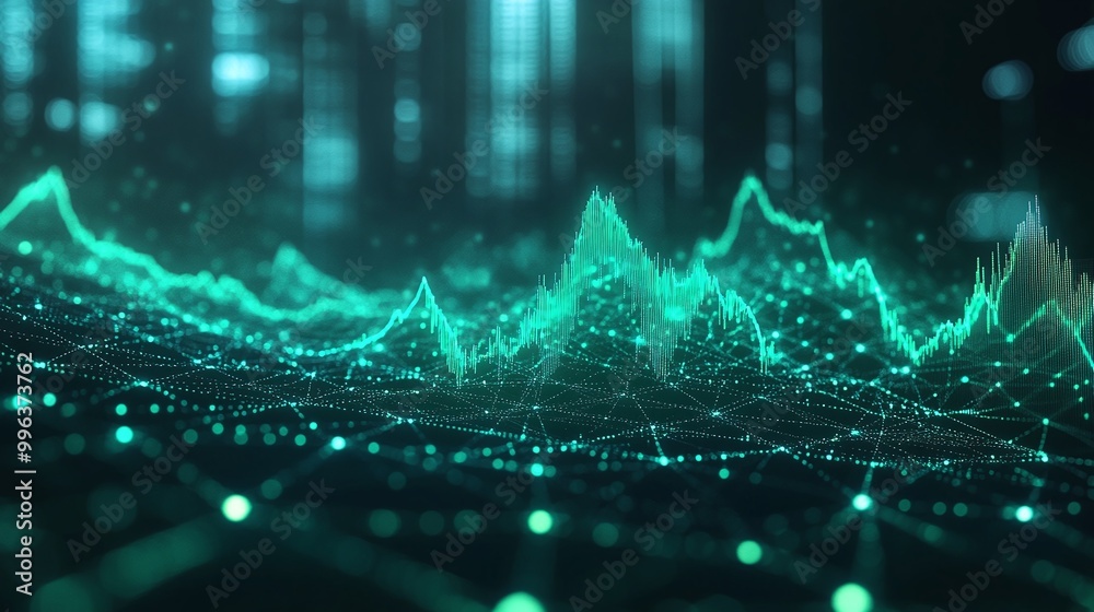 Poster abstract digital wave with glowing lines representing data flow and information analysis.