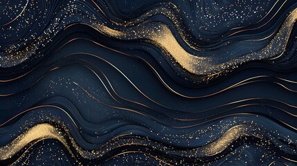 Luxurious Abstract Gold Foil Pattern Over Navy Blue Elegant Background with Glitter Details