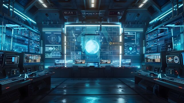Futuristic Control Room Monitoring Interstellar Signals and Alien Communication