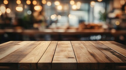 Empty wooden tabletop with a blurred bakery or cafe ambiance featuring an abstract bokeh background