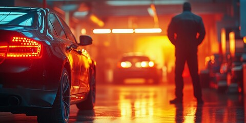 Mechanic Ready for Test Drive, auto technician fine-tuning vehicle, garage door opening, bright lights creating an atmosphere of anticipation