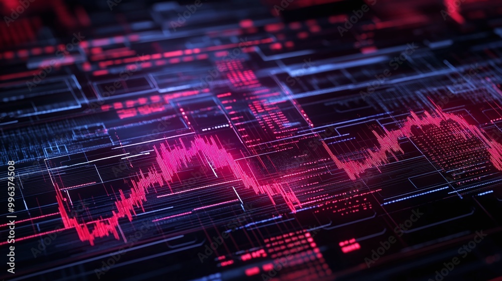 Poster abstract digital waveform in red and blue lines on a dark background, representing sound or data vis