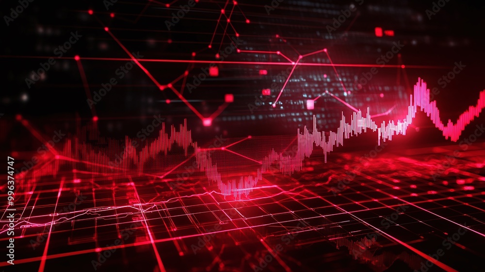 Aufkleber abstract digital waveform visualization in red tones representing data flow and analytics on a dark 