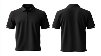 Black polo shirts front and back used as design template isolated on white background.