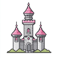 A simple pixel art icon of a castle with a pink roof and a flag on top on a white background. 