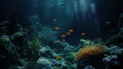 Fototapeta premium Fish swim near coral reefs in dark water with sea plants and algae.