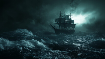 Fototapeta premium Stary żaglowiec, majestatycznie zmierzający przez wzburzone fale, staje naprzeciw potężnej burzy w ciemności nocy. 