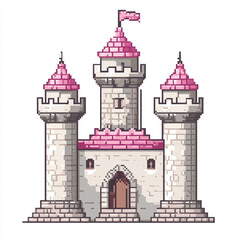 Obraz premium A simple pixel art icon of a castle with a pink roof and a flag on top on a white background. 