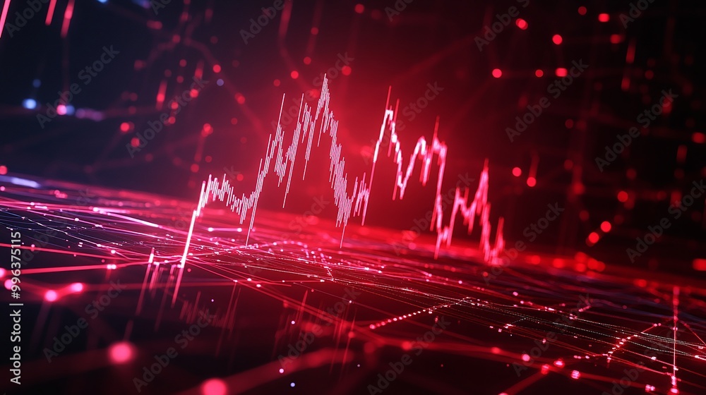 Poster abstract digital waveform with red and black lines representing data trends and analytics.