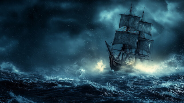 Stary żaglowiec, majestatycznie zmierzający przez wzburzone fale, staje naprzeciw potężnej burzy w ciemności nocy. 