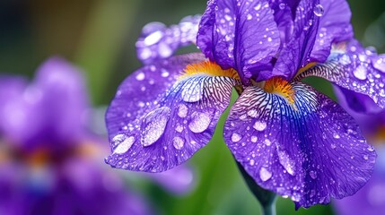 Elegant purple iris with dewdrops on its petals representing the essence of beauty and serenity found in nature