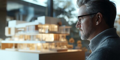 Architect examining a 3D model, design sketches softly blurred in the background, bright light enhancing the creative workspace atmosphere