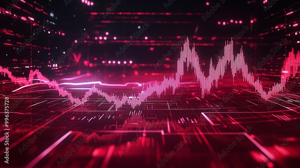 Poster abstract digital waveforms in vibrant red, depicting data visualization and analytics in modern tech