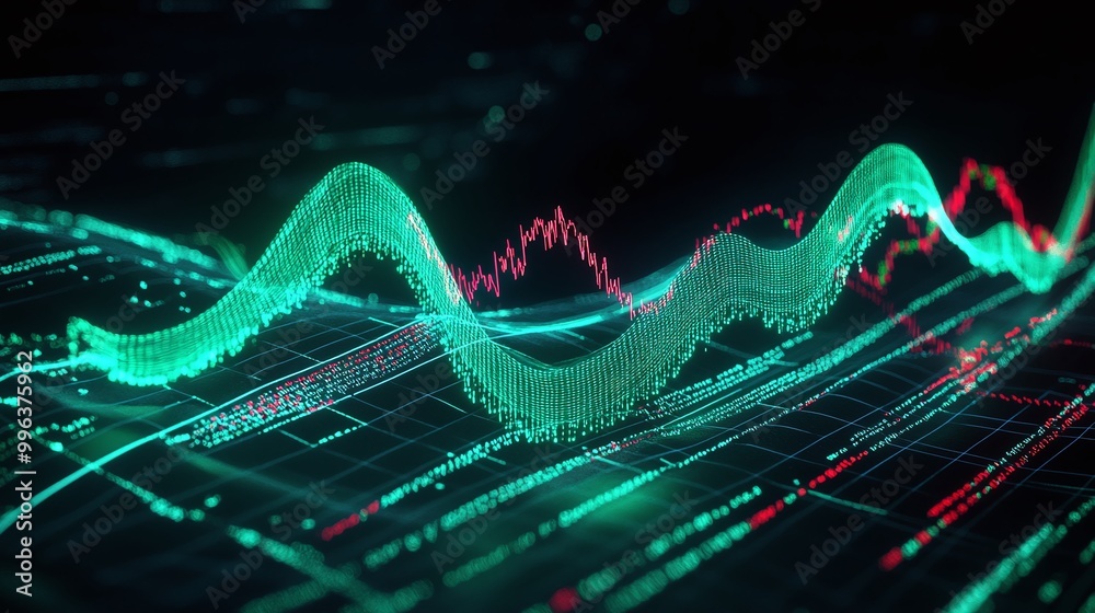 Poster abstract digital waveforms with vibrant colors representing data analysis and modern technology.