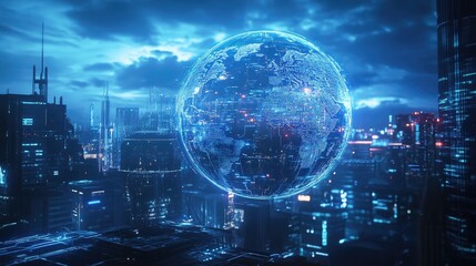 Fototapeta premium AI-generated holographic globe hovering above a futuristic city, representing global AI connectivity and advanced data networks.