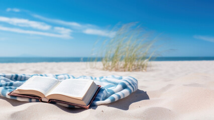 Obraz premium Book on the picnic blanket in beach white sand.