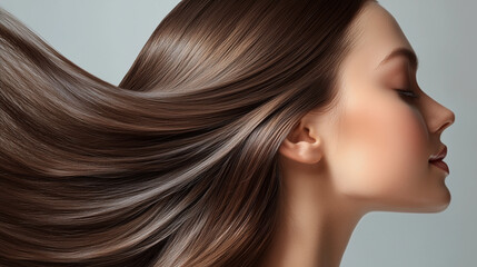 Naklejka premium Młoda kobieta z długimi, lśniącymi brązowymi włosami jest przykładem harmonii między urodą a pielęgnacją. 