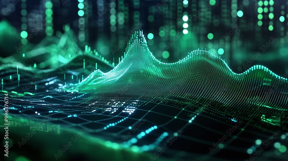 Poster abstract digital waves with vibrant green colors and geometric patterns, representing data visualiza