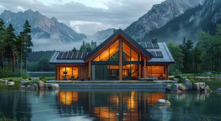 Fototapeta premium Modern house with solar panels surrounded by mountains and water in a serene natural setting