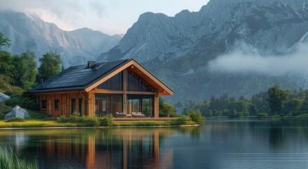 Naklejka premium Small wooden house with solar panels near a serene lake in a mountainous region