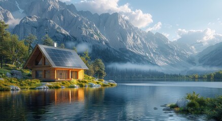 Naklejka premium Small wooden house with solar panels by a serene lake surrounded by mountains in a lush green environment