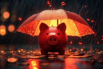 A red piggy bank sits on a pile of gold coins, protected by an umbrella from the rain.