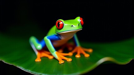 Fototapeta premium Vibrant Red-eyed Tree Frog with Striking Orange Feet and Bright Blue Streaks Along its Sides Perched on a Glossy Green Leaf Against a Dark Background