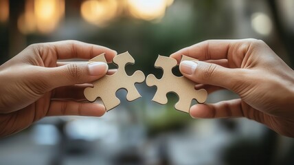 Two hands holding puzzle pieces coming together over a contract, collaboration, negotiation to solve a problem