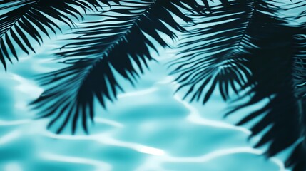 A tranquil water surface with tropical leaves casting dark shadows over bright aqua waves on a blue background