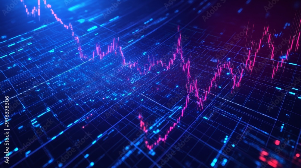 Poster abstract financial data visualization with colorful graphs and charts in a digital format.