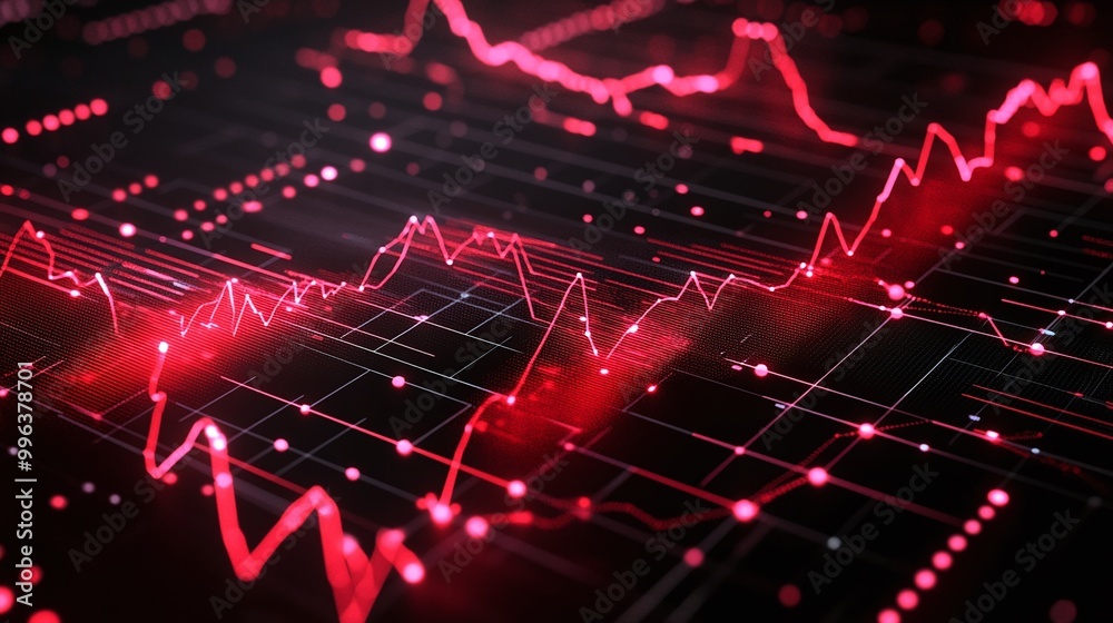 Poster abstract financial data visualization with dynamic red graphs on a dark background.