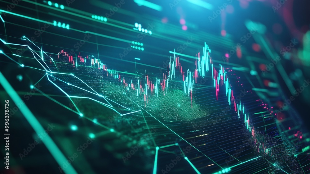 Poster abstract financial data visualization with dynamic graphs and charts on a digital interface.