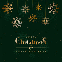 Merry Christmas green greeting card with golden snowflakes