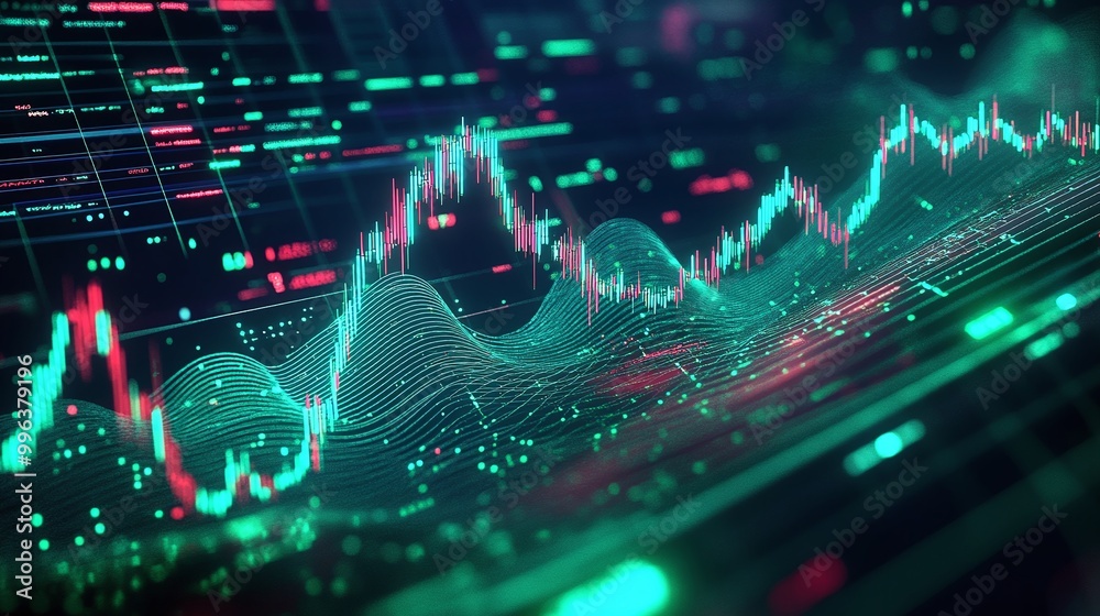 Poster abstract financial data visualization with glowing graphs and digital elements in green and red tone