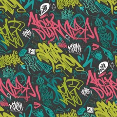 Neon Riot Urban Graffiti Patterns with Bold Tags, Street Icons, and Vibrant Spray Splatters.