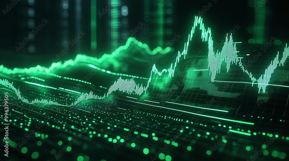 Poster abstract financial data visualization with green graph lines displaying market trends and analytics.