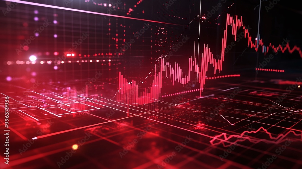 Poster abstract financial data visualization with red graphs and digital elements on a dark background.