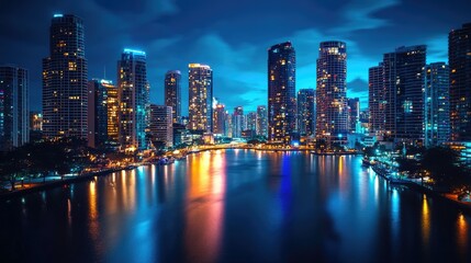Naklejka premium A breathtaking night view of downtown skyscrapers illuminated against a deep blue sky, with sparkling city lights reflecting in the river below.