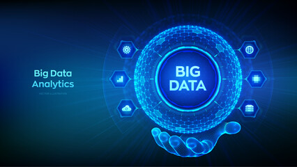 Big data analytics. Big data innovation technology concept. Blockchain network analysis. Artificial intelligence. Hexagonal grid sphere in wireframe hand on blue background. Vector illustration.