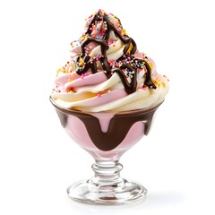 Delicious Strawberry and Vanilla Ice Cream Sundae with Chocolate Drizzle and Sprinkles