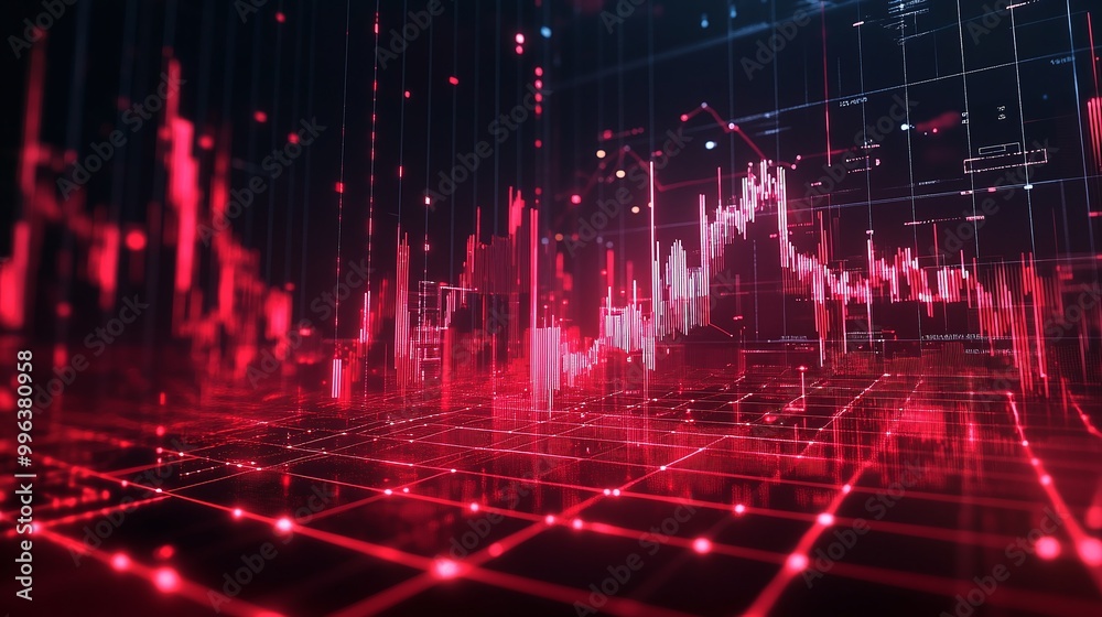 Poster abstract financial graph with red line and bar charts on a digital grid, representing data analysis.