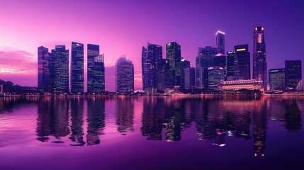 Naklejka premium A city skyline at dusk, with purple hues reflecting off the skyscrapers and water below.