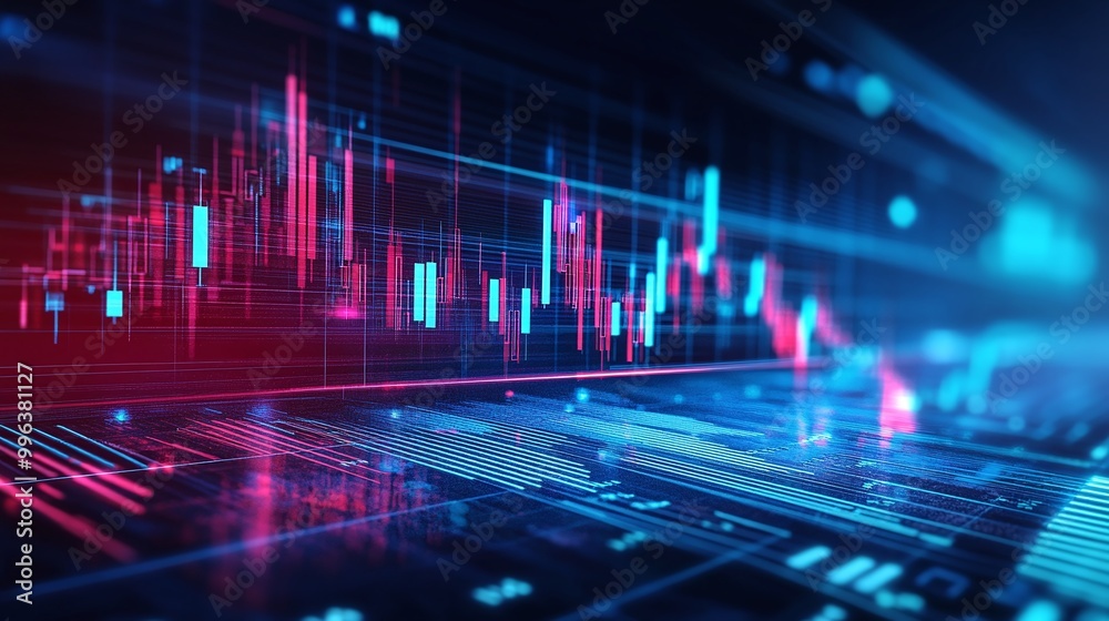 Poster abstract financial trading chart with glowing lines and bars. dynamic data visualization in bright c